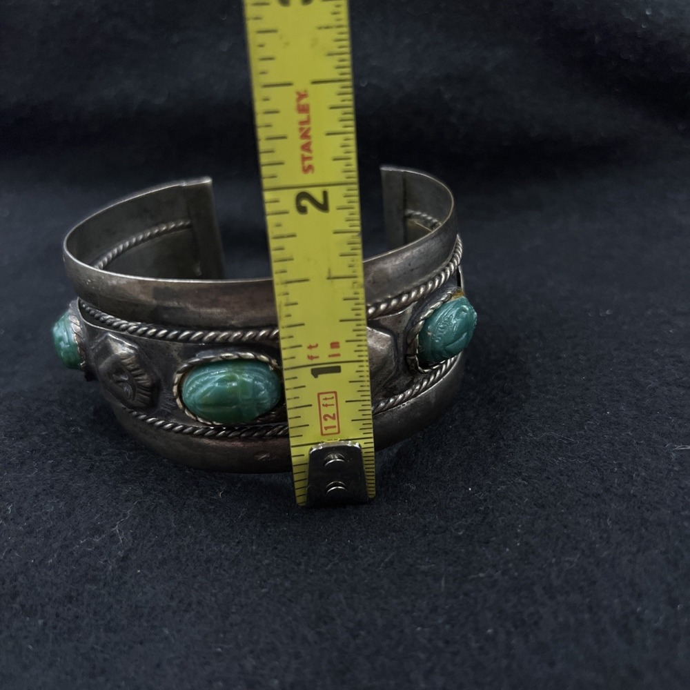 Vintage Cuff Bracelet 3" Wide Brass Egyptian Revival Scarab Pharoah - Picture 7 of 8